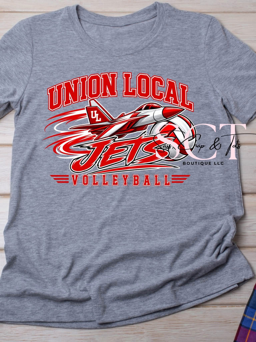 Heather gray graphic tee with Union Local Jets Volleyball design featuring jet fighter with UL logo and volleyball in red and white