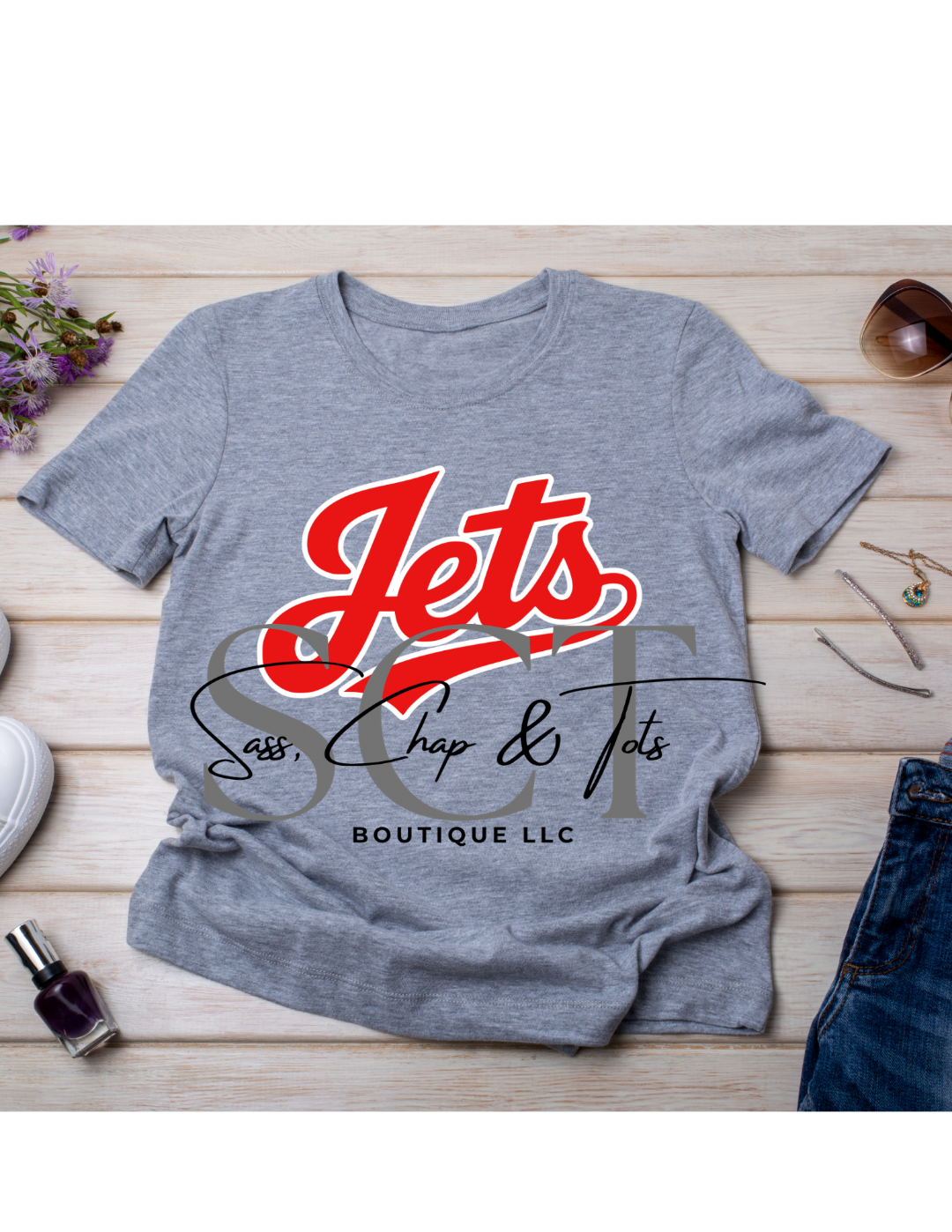 Gray Union Local Jets baseball script graphic t-shirt with bold red lettering - Sass Chap Tots Boutique Ohio